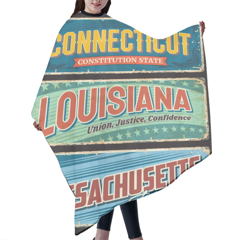 Personality  Connecticut, Louisiana And Massachusetts US States Tin Signs. USA Regions Plate With Retro Typography, Territory Mottos And Symbols. United States Of America Travel Destination Plates Hair Cutting Cape