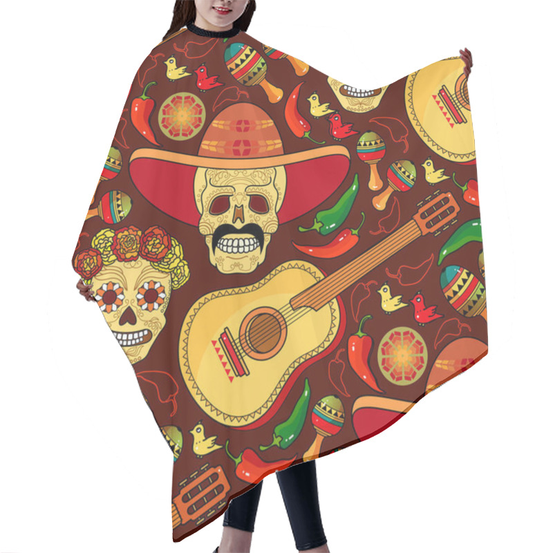 Personality  Day Of The Dead Seamless Pattern With Smiling Skull With Mustache Of Red Peppers, Guitar And Maracas. Vector Illustration Of Mexican Holiday. Hair Cutting Cape