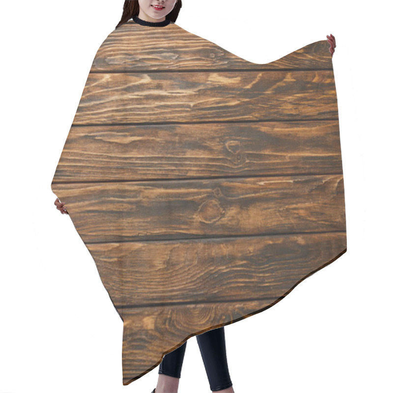 Personality  Top View Of Empty Brown Wooden Surface With Copy Space Hair Cutting Cape