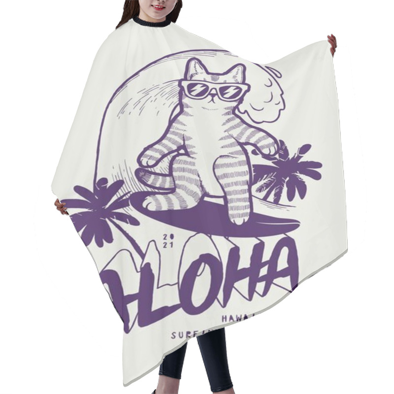 Personality  Cat Surfing. Cute Pet Character Wearing Sunglasses Surfing Wave. Aloha Palm Tree Summer Sports Typography T-shirt Print Vector Illustration. Hair Cutting Cape