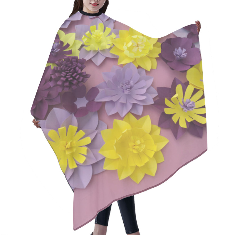 Personality  Paper Craft Flower Decoration Concept. Flowers And Leaves Made Of Paper. Tropics. Pink Background. Hair Cutting Cape