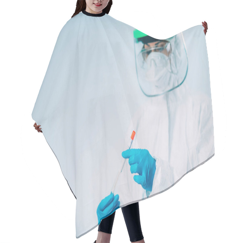 Personality  Corona Virus Test - Health Worker In White Hazmat Protective Suite With Swab Sample For PCR DNA Testing  Hair Cutting Cape