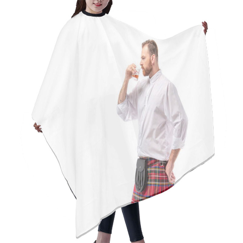 Personality  Scottish Redhead Man In Red Kilt Smelling Whiskey Isolated On White Hair Cutting Cape