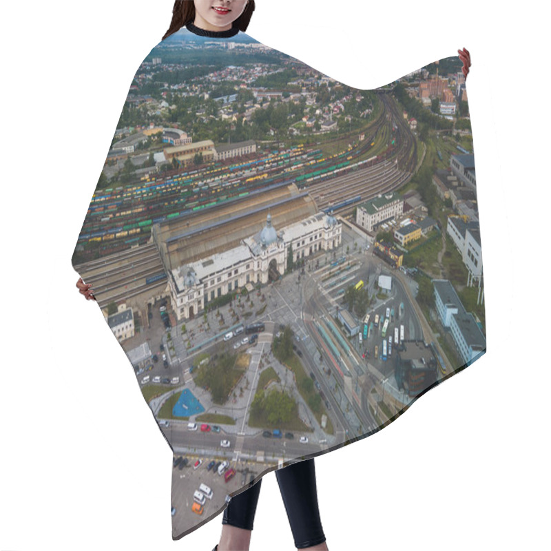 Personality  Aerial View Of City Transport Hub Railway Tram Bus Station. Copy Space Hair Cutting Cape