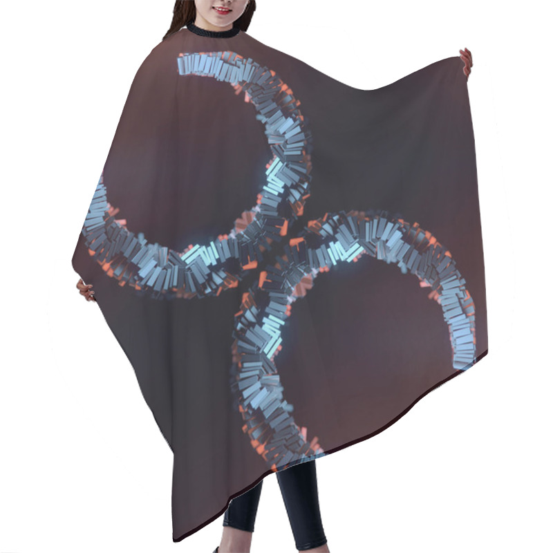 Personality  Symmetrical Composition Of Metal Rectangles Formed Into Half Rings On A Dark Background With Orange Light And Silver Glimmer. 3d Rendering Digital Illustration Hair Cutting Cape