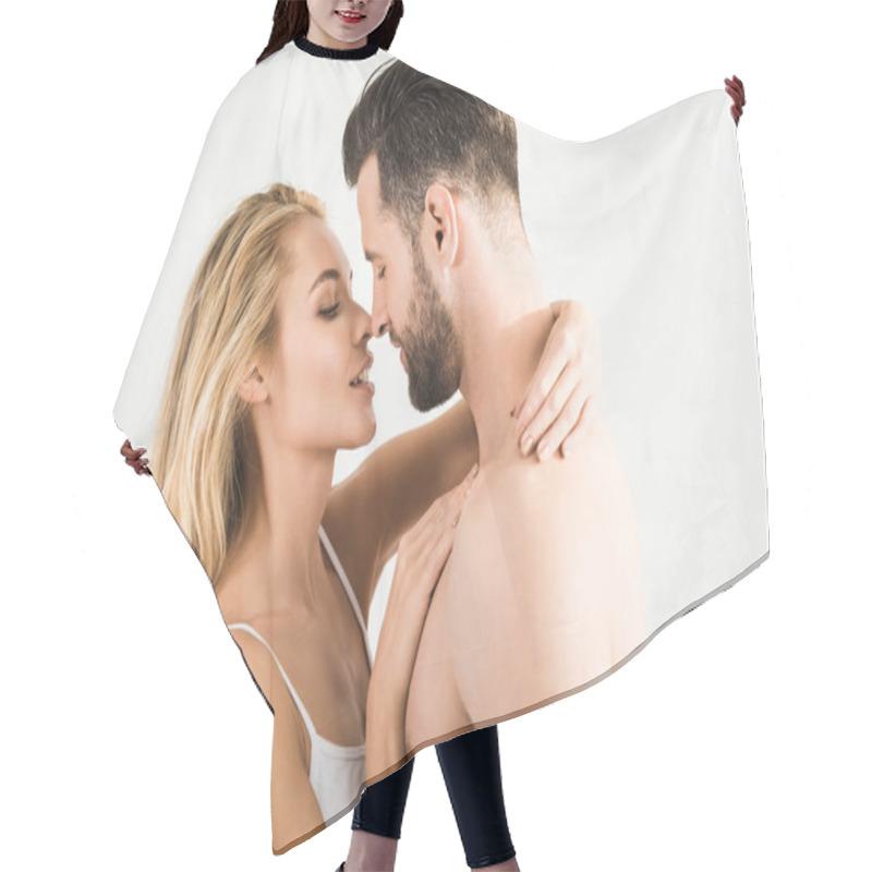 Personality  Romantic Young Couple Hugging At Home In Morning On White Hair Cutting Cape