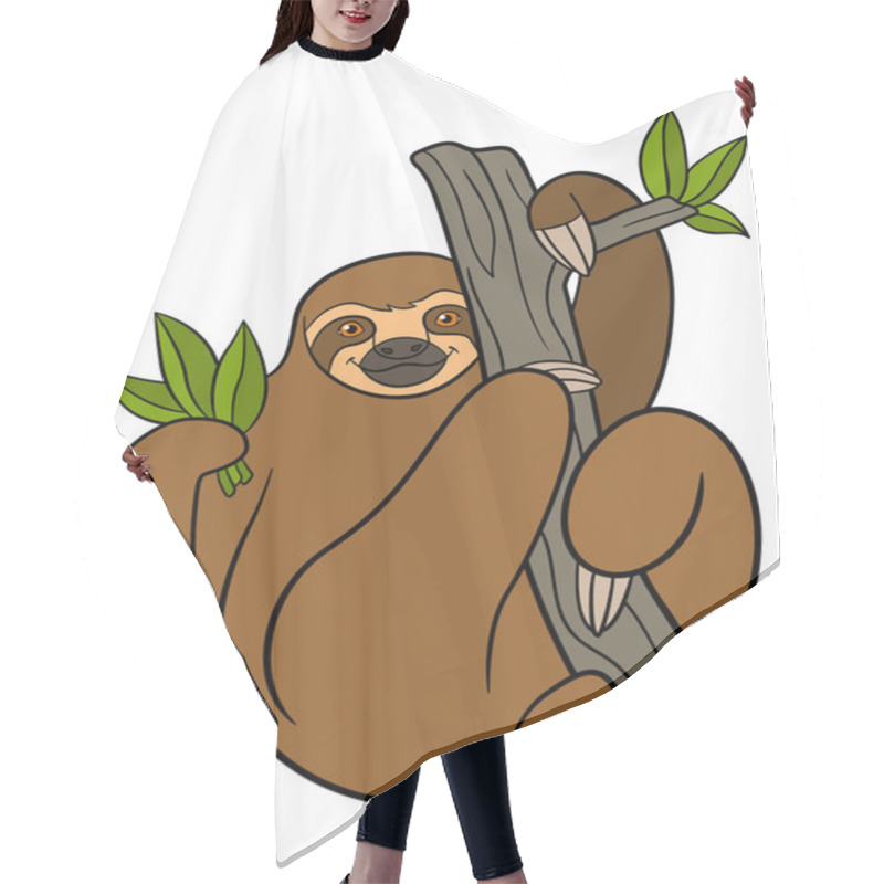 Personality  Cartoon Animals. Cute Lazy Sloth Hangs On The Tree. Hair Cutting Cape