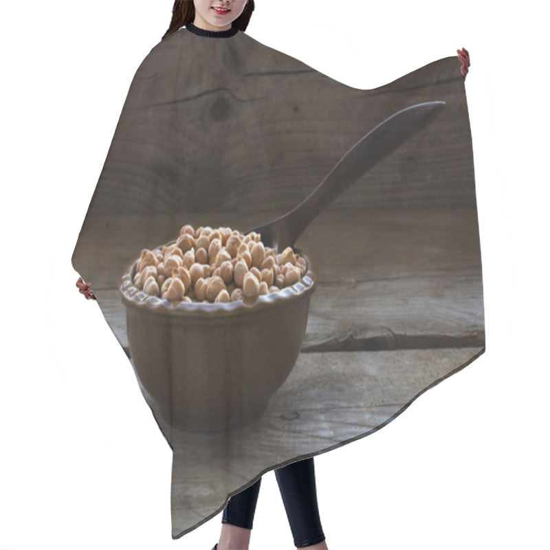 Personality  Chickpeas In A Small Brown Bowl With A Spoon On A Dark Rustic Wo Hair Cutting Cape