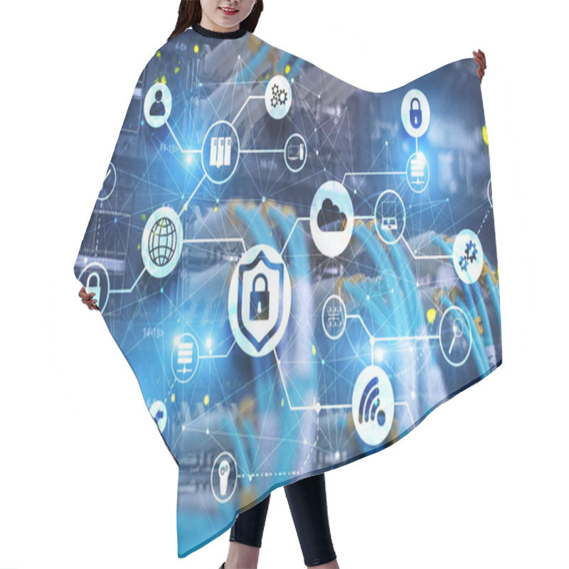 Personality  Data Security Concept. Icons: Closed Padlock, Wifi And Cloud On Digital Background. Hair Cutting Cape