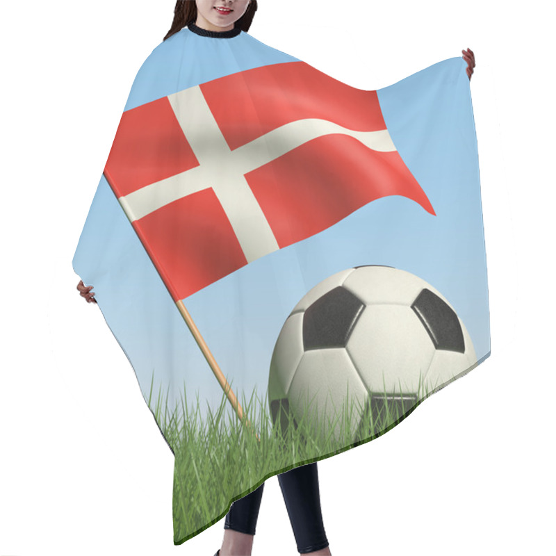 Personality  Soccer ball in the grass and flag of Denmark. hair cutting cape