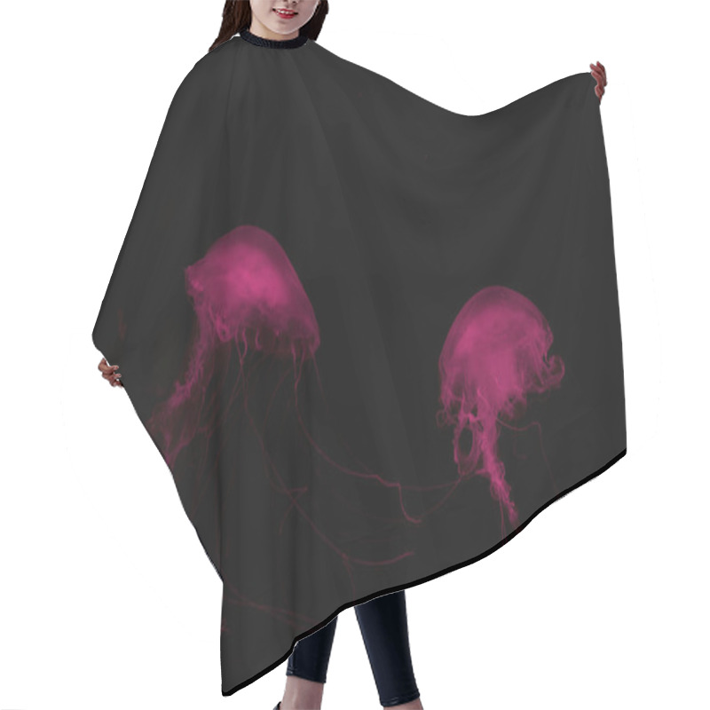 Personality  Two Jellyfishes In Pink Neon Light On Black Background Hair Cutting Cape