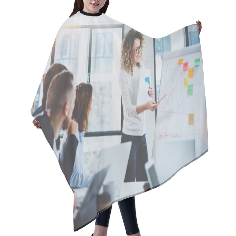 Personality  Coworkers Working Together On New Business Presentation At Sunny Meeting Room.Horizontal.Blurred Background. Hair Cutting Cape