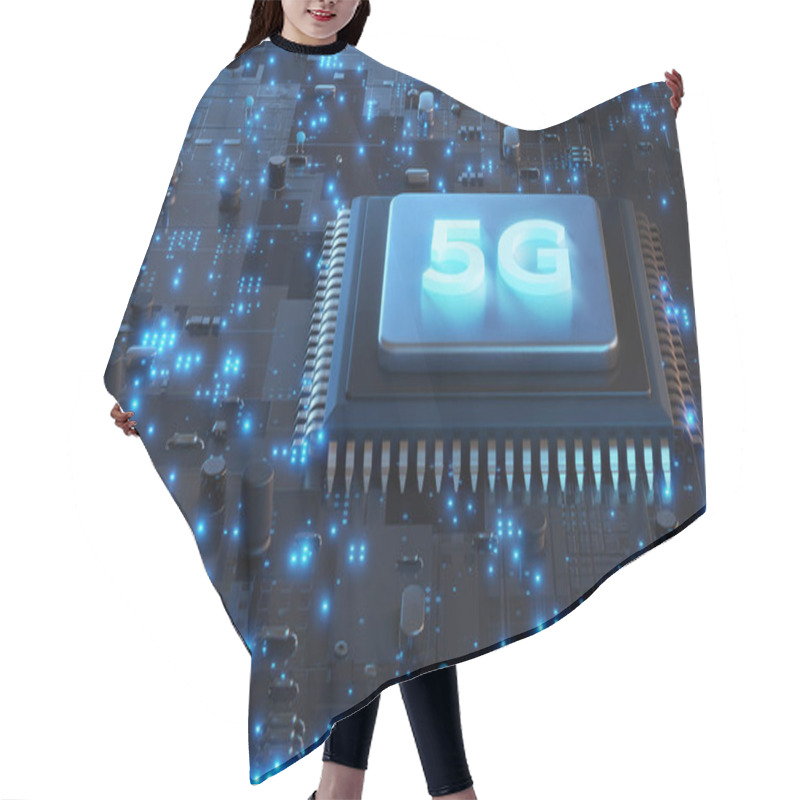 Personality  5G Network Processor 3D Rendering, Computer Mother Board Chip With 5G Logo And Glowing Circuit Background, Central Computer Processors CPU, 5G Technology Concept. Hair Cutting Cape