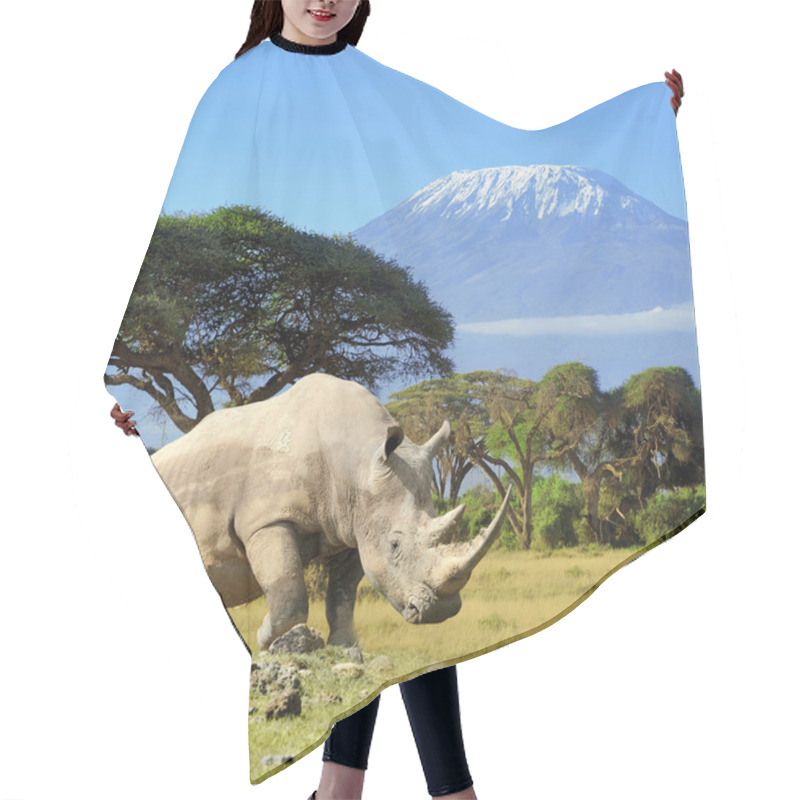 Personality  Rhino In Front Of Kilimanjaro Mountain Hair Cutting Cape