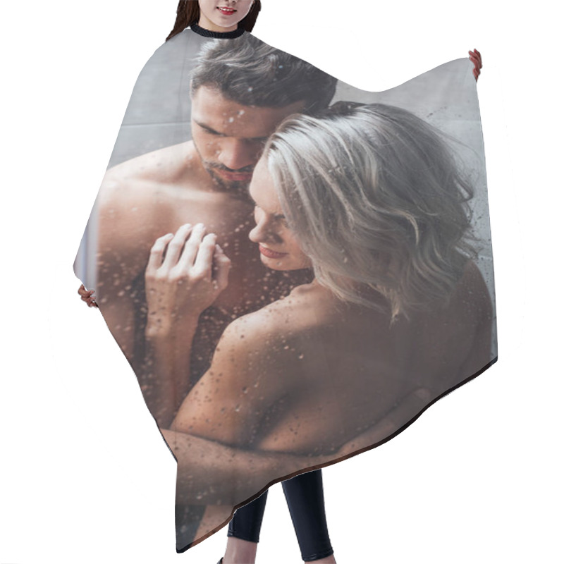 Personality  Beautiful Naked Couple Embracing In Passion And Taking Shower Together Hair Cutting Cape