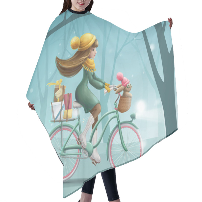 Personality  Girl Riding A Bike With Little Bunny And Gift Boxes Hair Cutting Cape