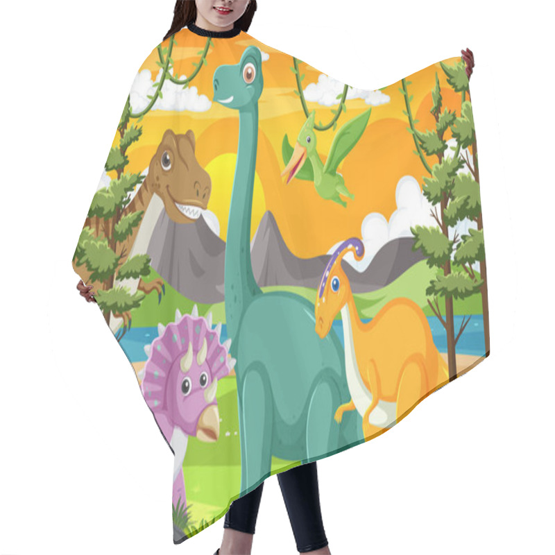 Personality  Cute Dinosaur Group In Forest Illustration Hair Cutting Cape