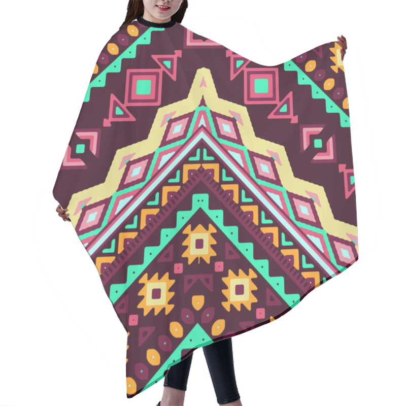 Personality  Seamless Hand Drawn Chevron Pattern With Aztec Ethnic And Tribal Ornament. Vector Dark And Bright Colors Boho Fashion Illustration. Hair Cutting Cape