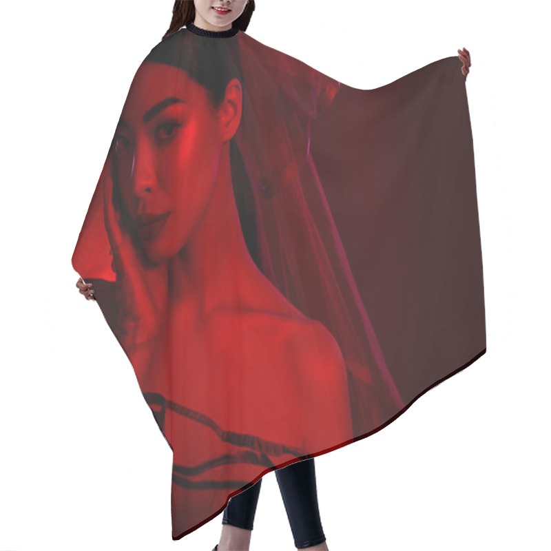 Personality  Close Up Photo Of Dark Bride Lady Wear Veil Costume Halloween Holiday Carnival Isolated Gradient Maroon Color Background. Hair Cutting Cape