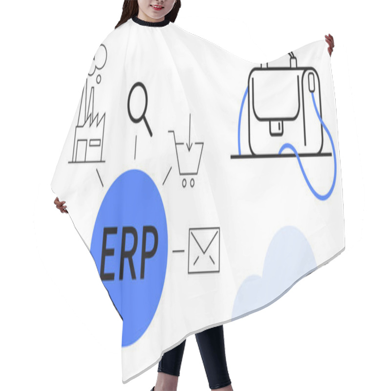 Personality  ERP System Hub Connected To Factory, Magnifying Glass, Shopping Cart, Envelope, Recycle Sign, Cloud, And Briefcase. Ideal For Business Management, Data Integration, Resource Allocation, Financial Hair Cutting Cape