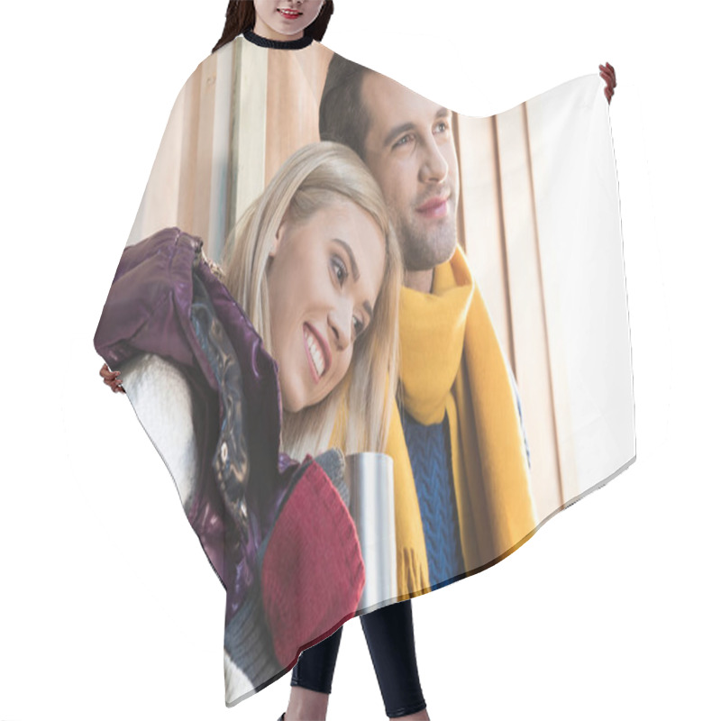 Personality  Happy Young Couple On Porch Hair Cutting Cape