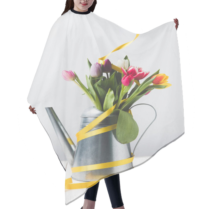 Personality  Beautiful Blooming Tulip Flowers In Watering Can With Yellow Ribbon On Grey Hair Cutting Cape