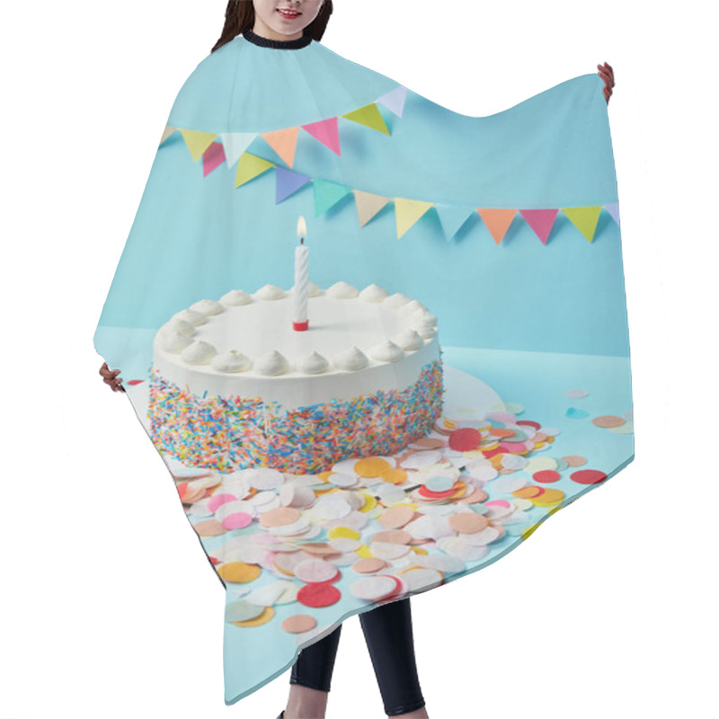 Personality  Tasty Cake With Sugar Sprinkles And Confetti On Blue Background With Colorful Bunting Hair Cutting Cape