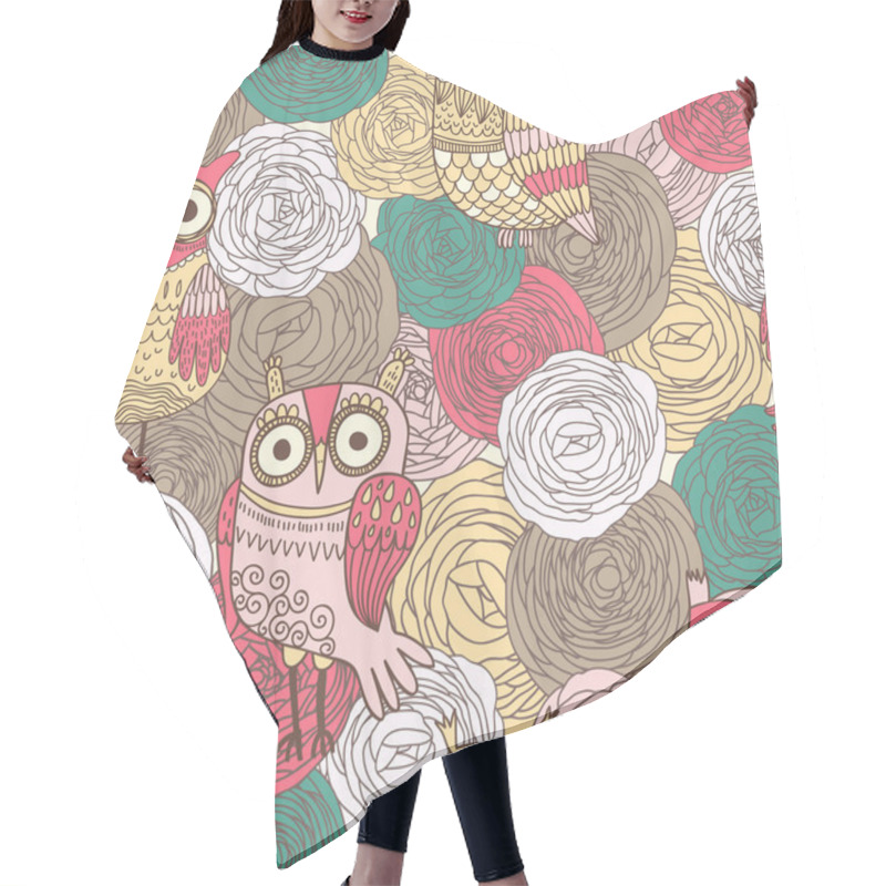 Personality  Pattern Made Of Ranunculus Flowers And Cartoon Owls Hair Cutting Cape