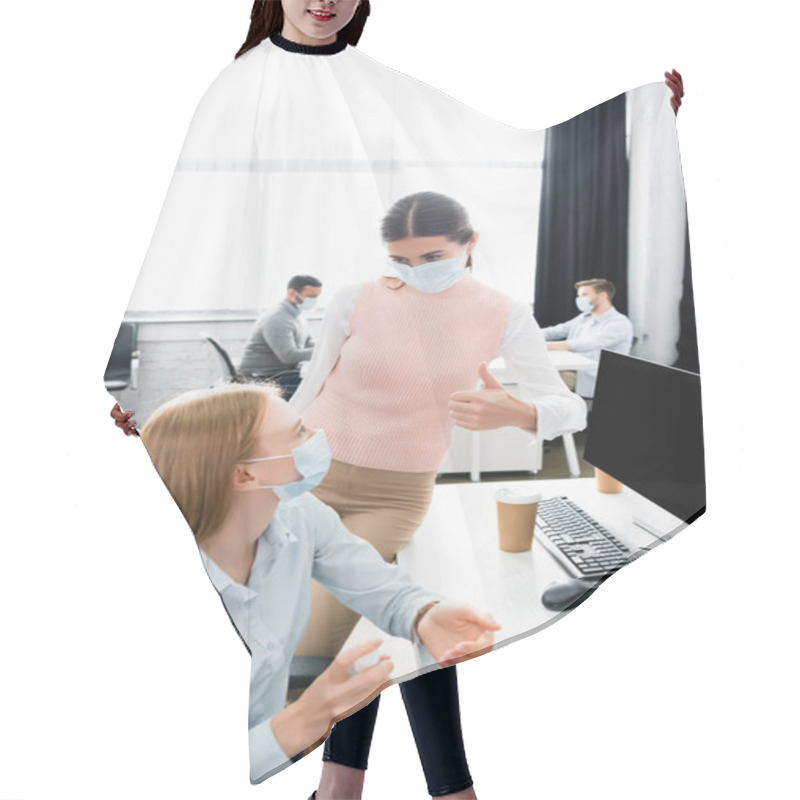 Personality  Businesswoman In Medical Mask Showing Like Near Colleague Using Hand Sanitizer In Office  Hair Cutting Cape