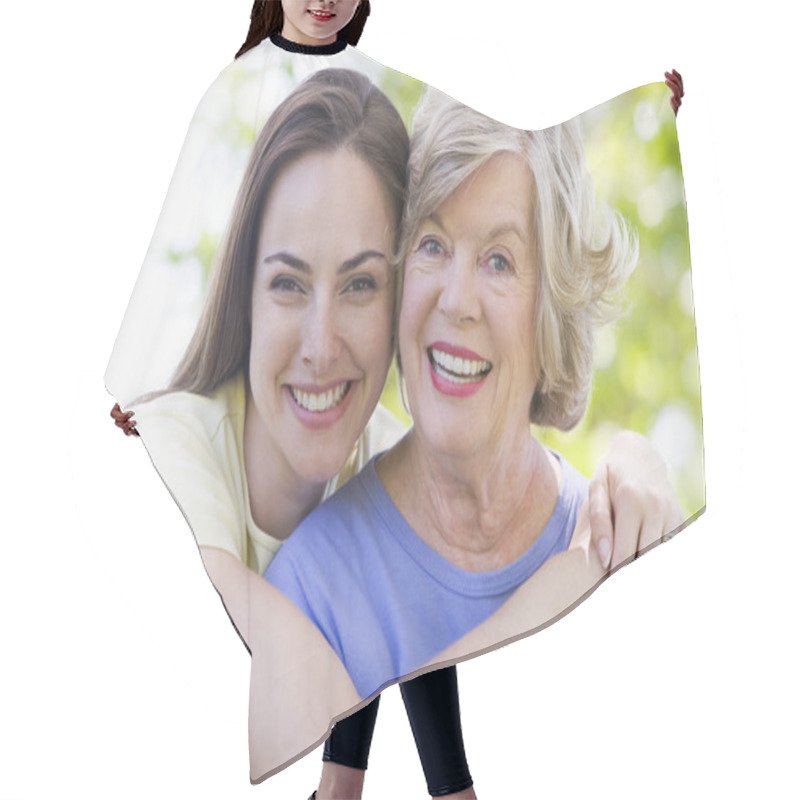 Personality  Two Women Outdoors Smiling Hair Cutting Cape