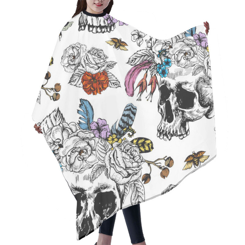 Personality  Vector Skull, Flowers Day Of The Dead, Black And White Hair Cutting Cape