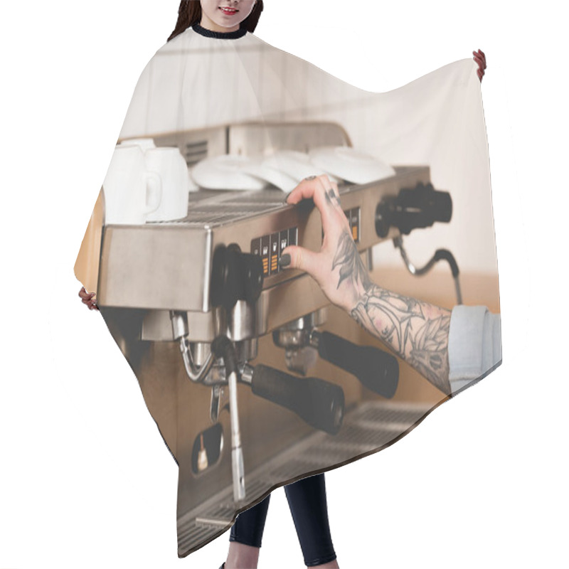 Personality  Cropped View Of Tattooed Barista Preparing Coffee On Espresso Machine Hair Cutting Cape