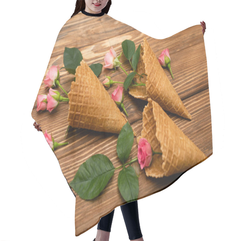 Personality  Pink Flowers With Leaves In Waffle Cones On Wooden Surface Hair Cutting Cape