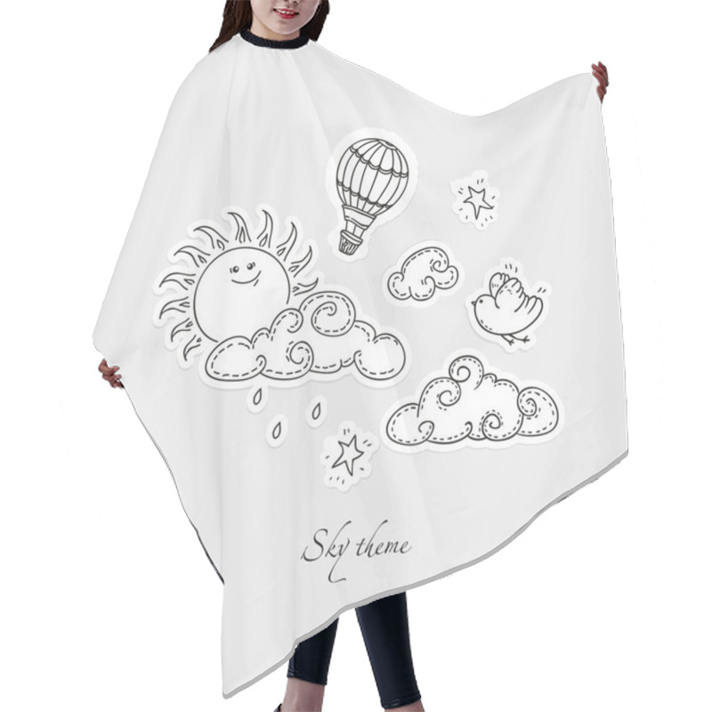 Personality  Cute Doodle Set Of Sky Elements: Sun, Clouds, Stars, Bird And Air Balloon. Hand Drawn  Vector Illustration. Hair Cutting Cape