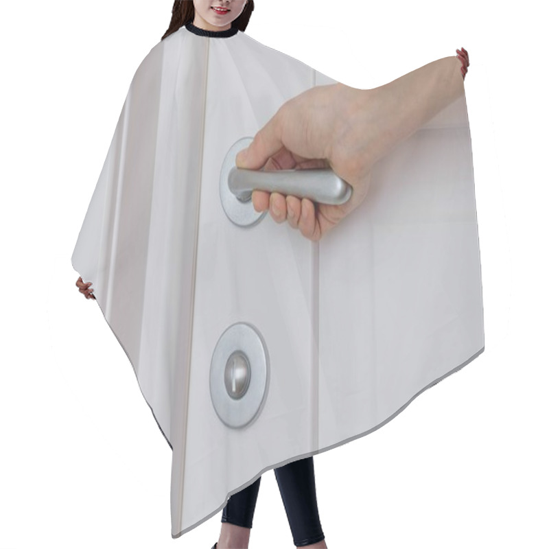 Personality  Close-up Of Female Hand Opens, Closes White Interior Door. Hair Cutting Cape