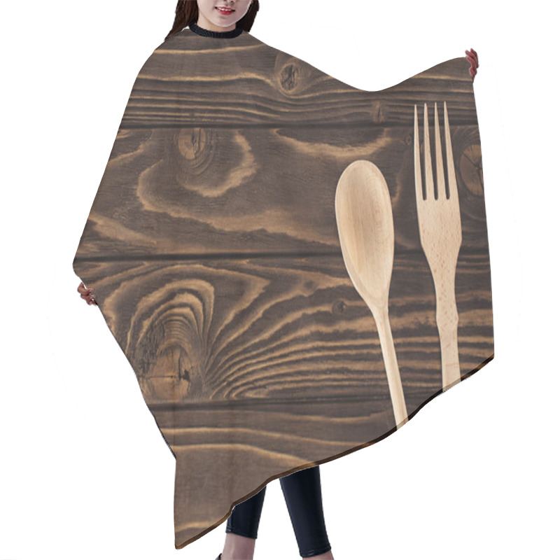 Personality  Top View Of Fork And Spoon On Wooden Table  Hair Cutting Cape