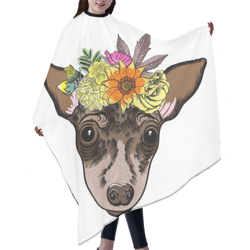 Personality  Toy Terrier Puppy In The Exotic Flowers Hair Cutting Cape