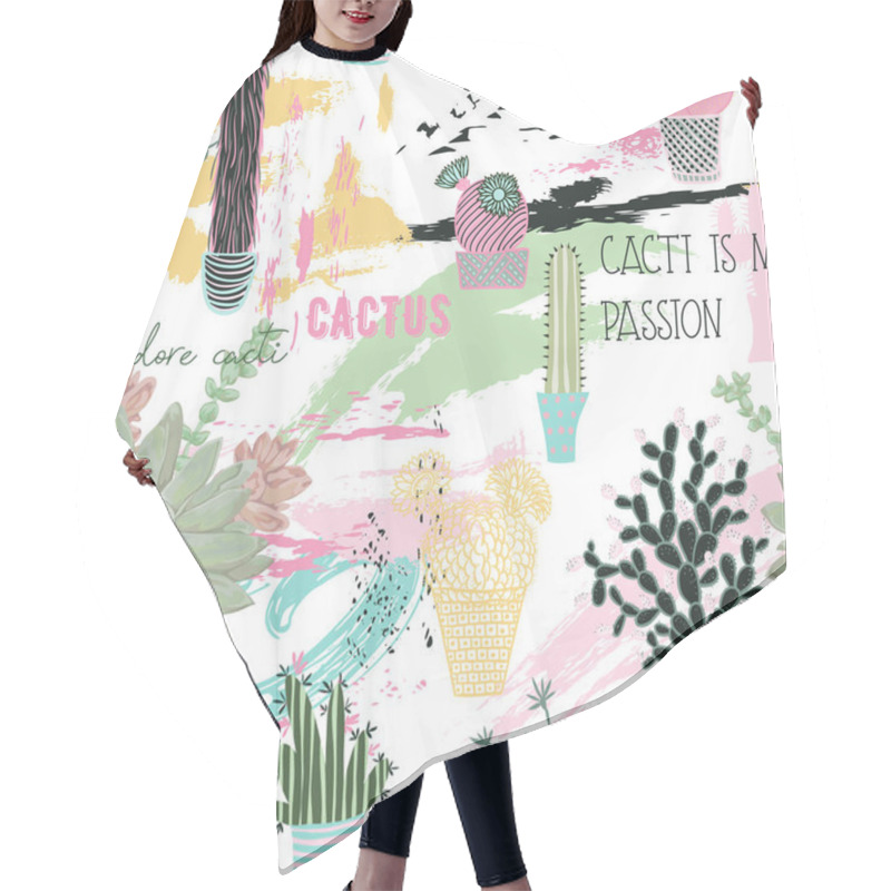 Personality  Seamless Pattern With Cactuses, Succulents, Brush Strokes And Typography Elements. Abstract Patchwork Background. Vector Illustration  Hair Cutting Cape