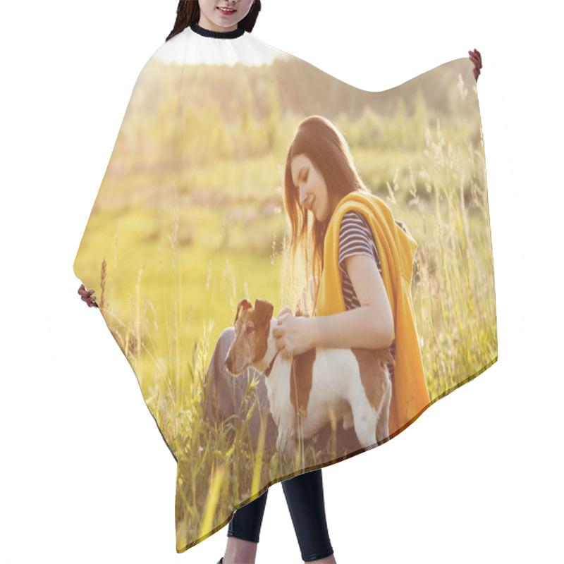 Personality  A Beautiful Young Girl Is Sitting On The Grass And Hugging Her Dog. A Girl And Her Pet Are Resting After A Walk In Nature. Friend, Friendship, Care. Space For Text Hair Cutting Cape