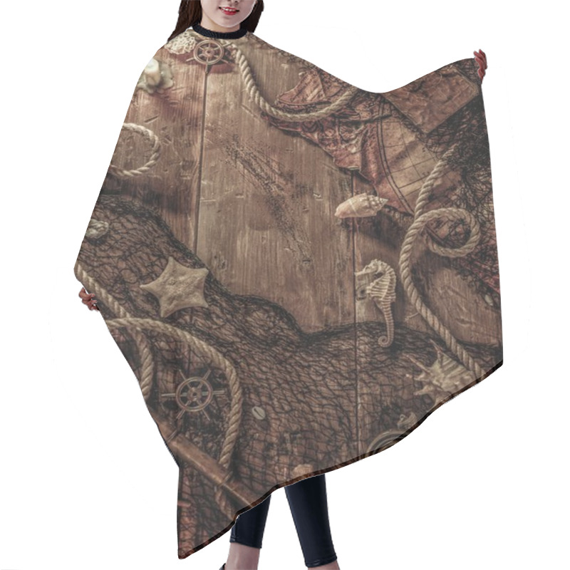 Personality  Sea Concept On A Wooden Table Background  Hair Cutting Cape