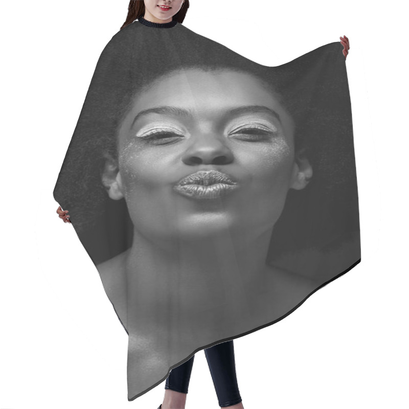 Personality  Black And White Photo Of Attractive African American Woman With Duck Face Isolated On Black Hair Cutting Cape