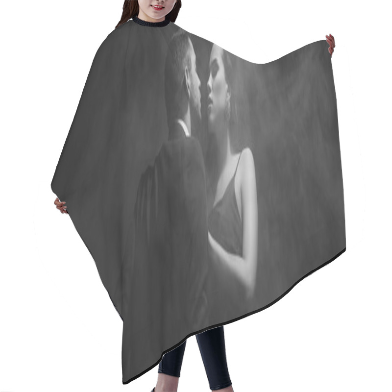 Personality  Monochrome Shot Of Sensual Woman Looking At Boyfriend In Suit On Black Background With Smoke, Banner  Hair Cutting Cape