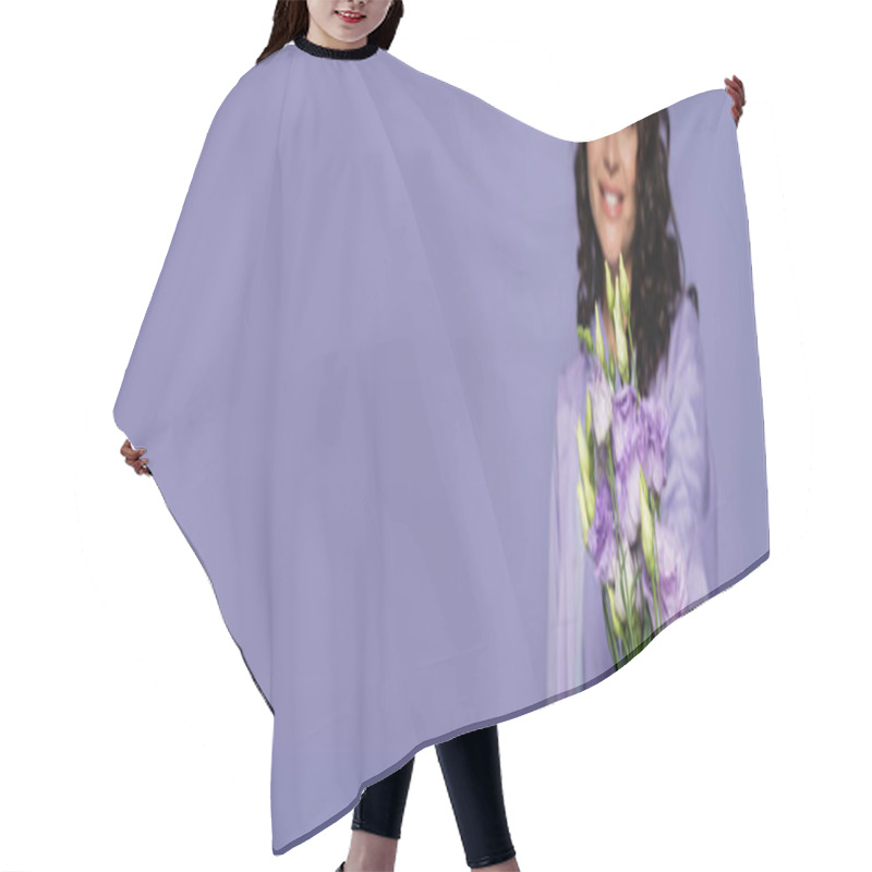 Personality  Happy Blurred Woman Holding Bouquet Of Flowers Isolated On Purple, Banner Hair Cutting Cape