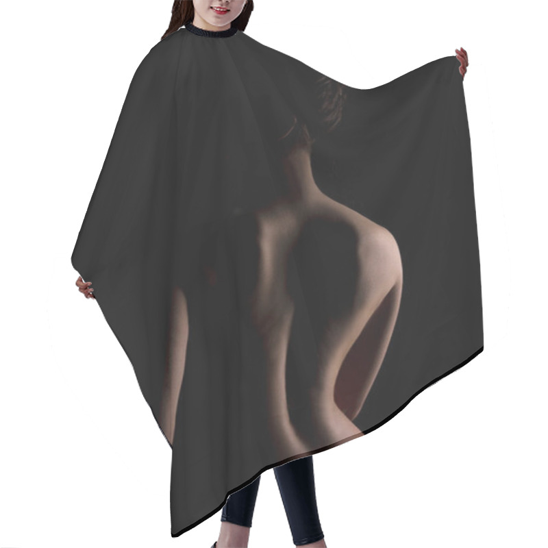 Personality  Graceful Line Of Back Of Young Naked Woman On Black Background, Hair Cutting Cape