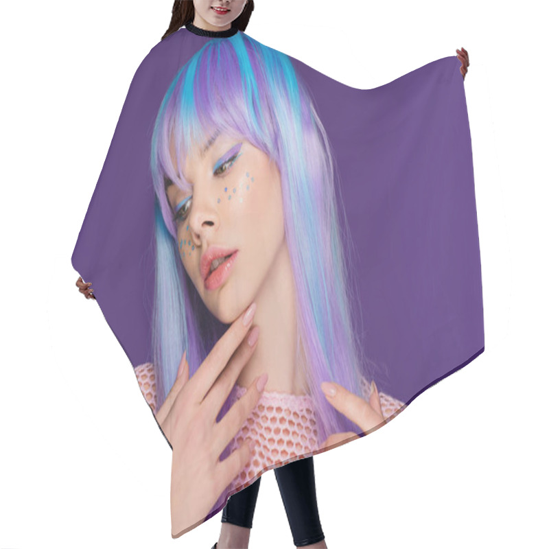 Personality  Beautiful Girl Posing In Violet Wig With Stars On Face, Isolated On Purple Hair Cutting Cape