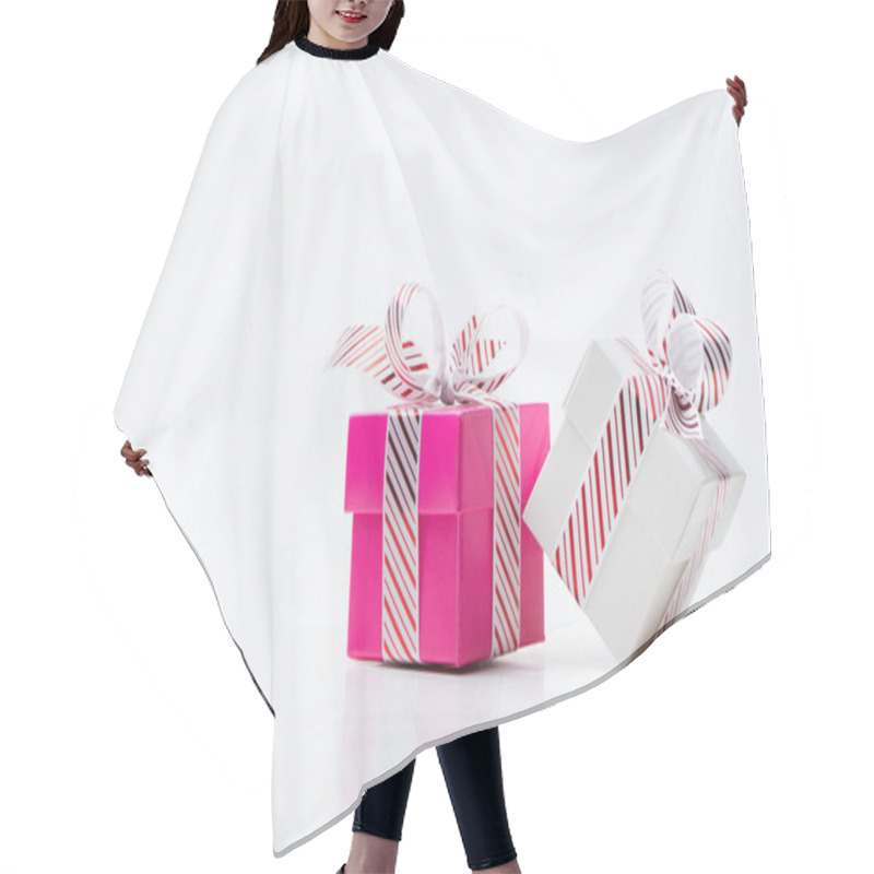 Personality  Pink And White Gift Box Tied With White Red Stripe Ribbon Hair Cutting Cape