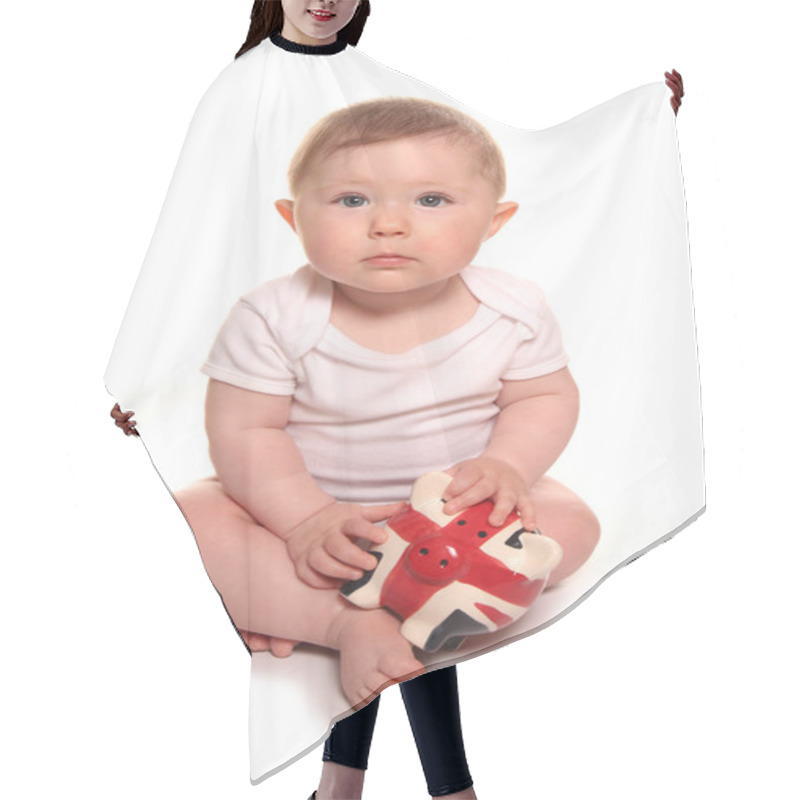 Personality  Baby Girl Looking Sad With British Piggybank Hair Cutting Cape