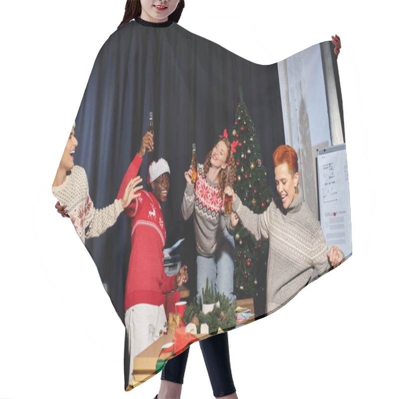 Personality  A Group Of Cheerful Coworkers Enjoy Drinks And Laughter While Celebrating Christmas At Work. Hair Cutting Cape