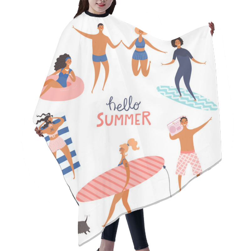 Personality  Round Frame Made Of Happy People In Swimwear With Quote Hello Summer Isolated On White Background. Hand Drawn Vector Illustration. Hair Cutting Cape