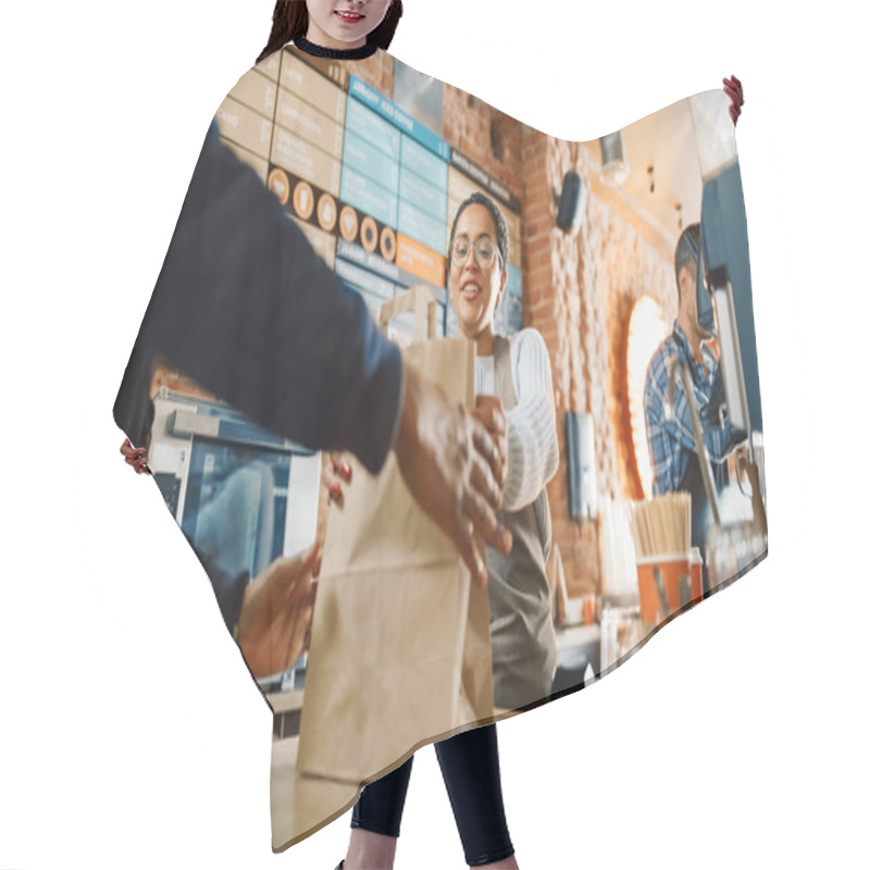 Personality  Beautiful Happy Latin Barista Serves Order To A Food Delivery Courier Picking Up Paper Bag With Pastries From A Cafe Restaurant. Delivery Guy Puts Food In His Hot Thermal Insulated Bag. Hair Cutting Cape